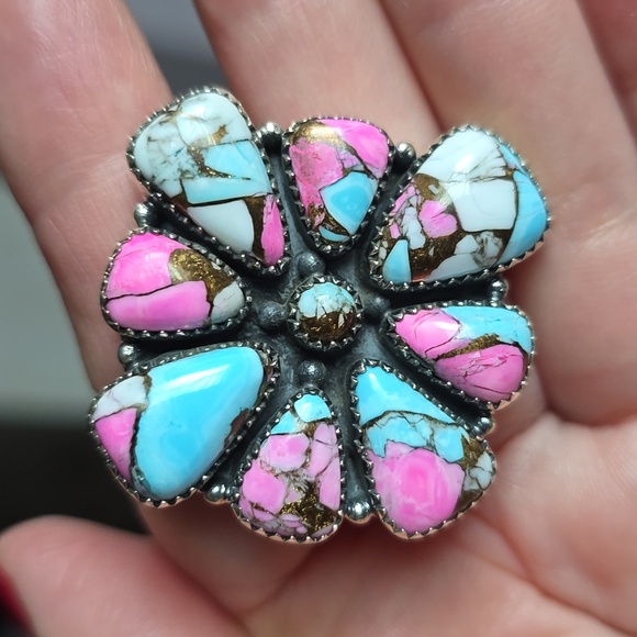 Turquoise and Pink Floral Sterling Silver Ring - Picture 3 of 4